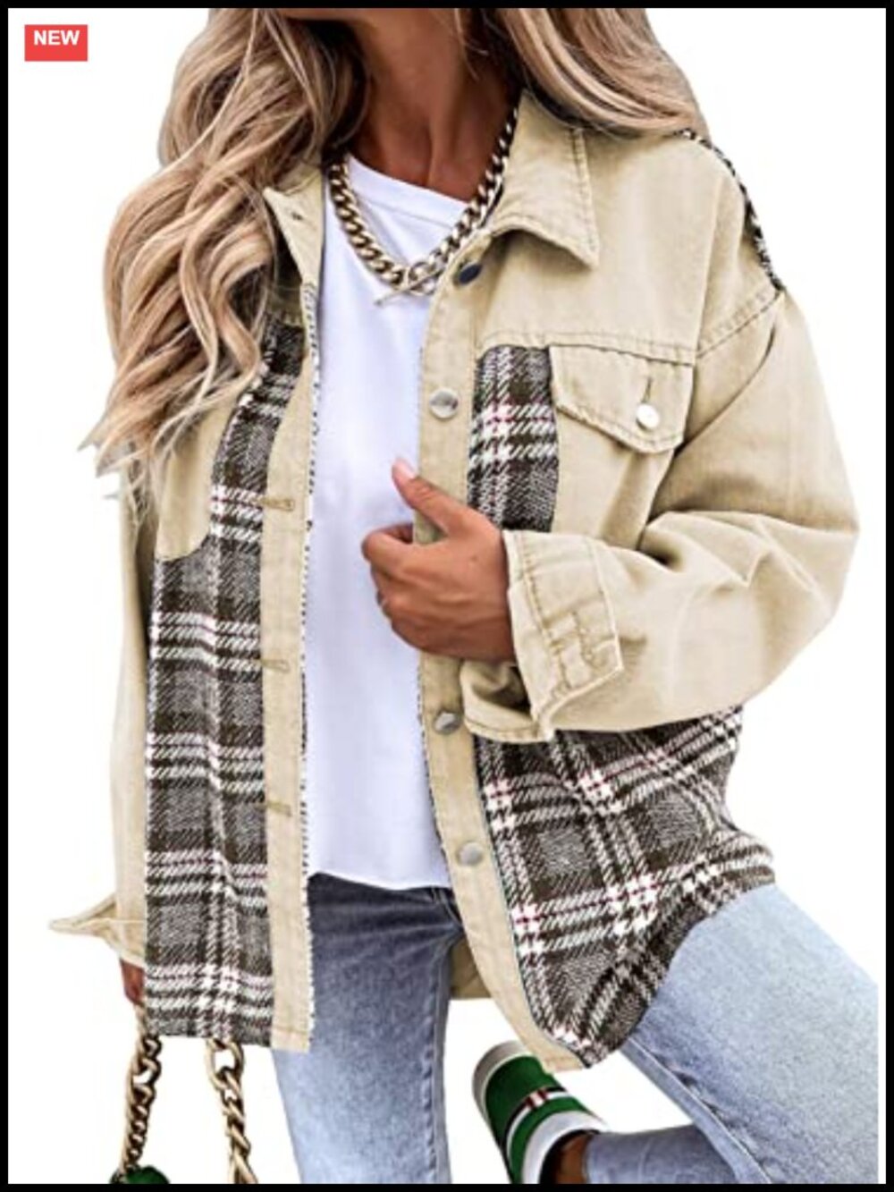 Oversized Denim Jacket Button Down Plaid Shacket Boyfriend Jean Jacket